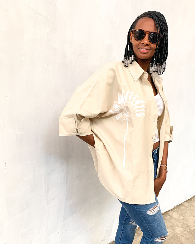 Oversized Shirt in Beige with Palm Print