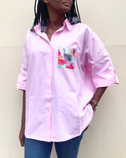 Oversized Shirt in Pink with Guinea Fowl Pocket