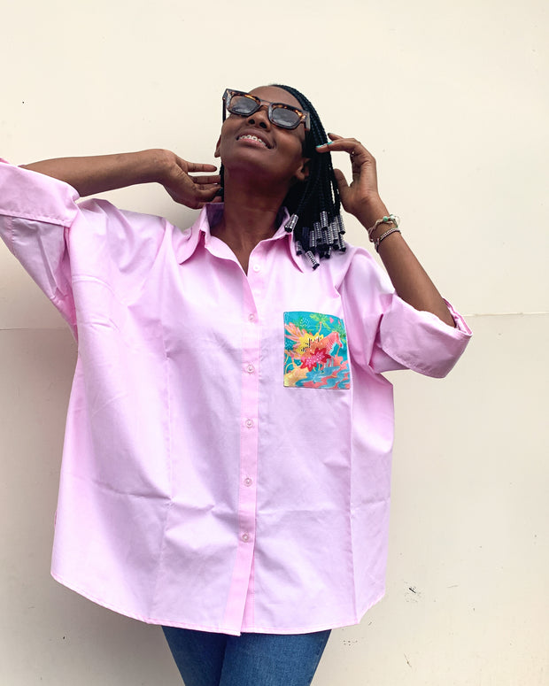 Oversized Shirt in Pink with Baby Zebra Pocket