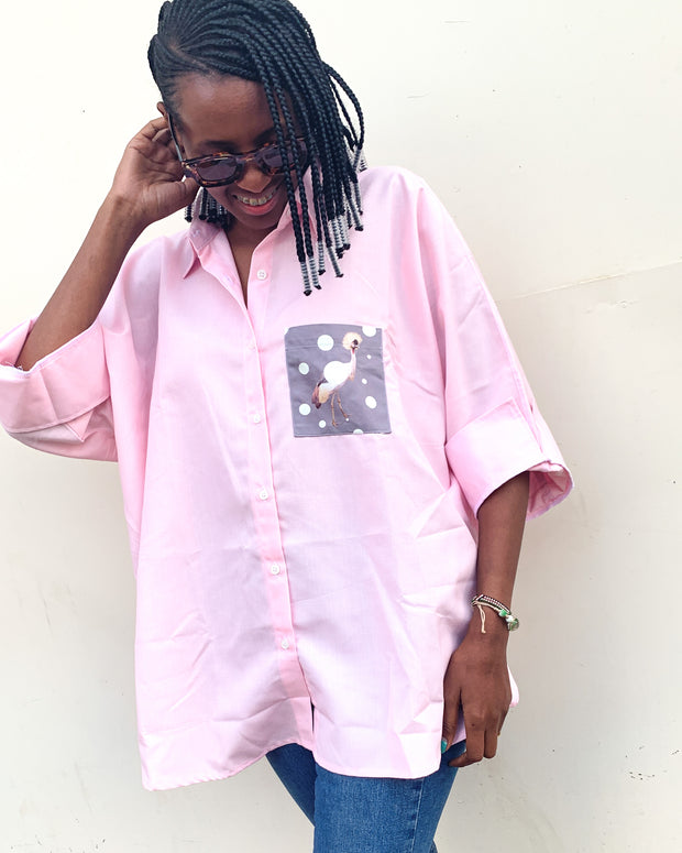 Oversized Shirt in Pink with Crown Bird Pocket