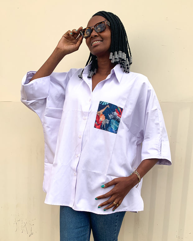 Oversized Shirt in White with Midnight Safari Pocket