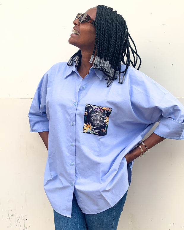 Oversized Shirt in Blue with Fierce Leopard Pocket