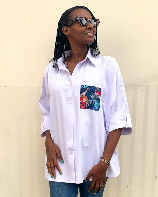 Oversized Shirt in White with Midnight Safari Pocket