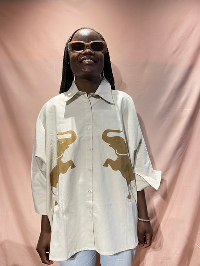 Oversized Shirt in Beige with Brown Elephant Print