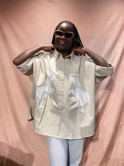 Oversized Shirt in Beige with White Elephant Print