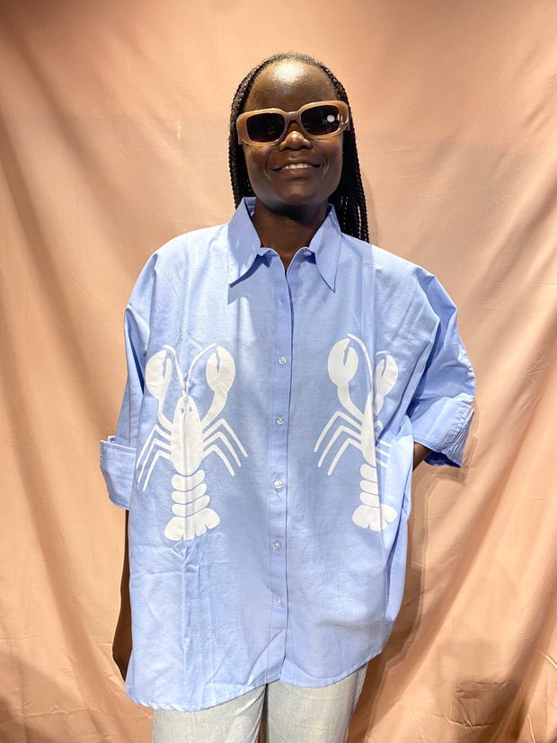 Oversized Shirt in Blue with White Lobster Print