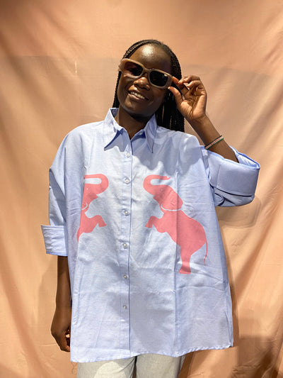Oversized Shirt in Blue with Pink Elephant Print
