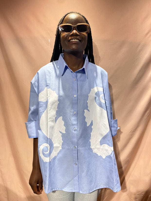 Oversized Shirt in Blue with White Sea Horse Print