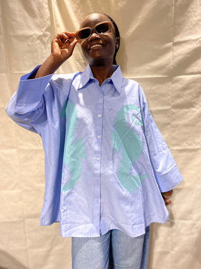 Oversized Shirt in Blue with Green Sea Horse Print