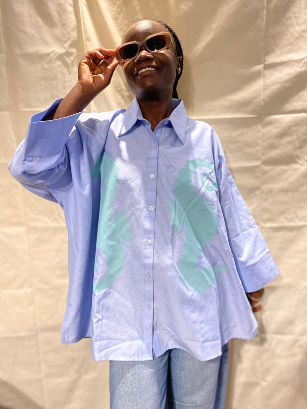 Oversized Shirt in Blue with Green Sea Horse Print