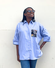 Oversized Shirt in Blue with Fierce Leopard Pocket