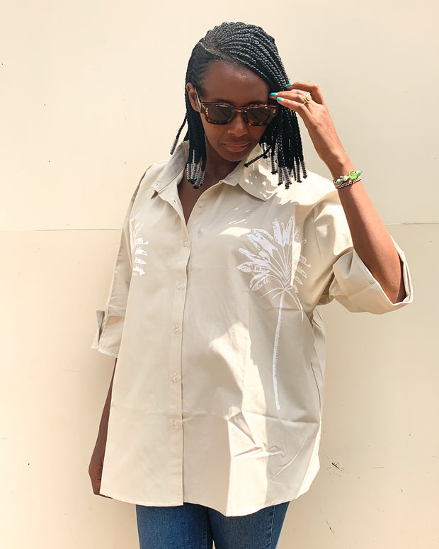 Oversized Shirt in Beige with Palm Print