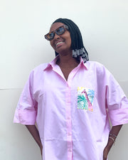 Oversized Shirt in Pink with Summertime Giraffe Pocket