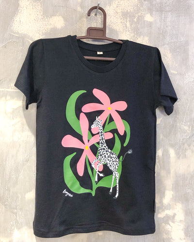 Kids Black T with Floral Giraffe Print