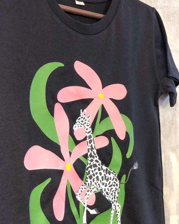 Kids Black T with Floral Giraffe Print