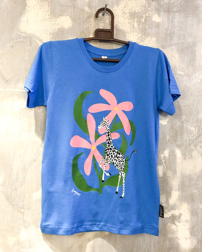 Kids Blue T with Floral Giraffe Print