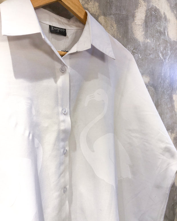 Oversized Shirt in White with White Flamingo Print