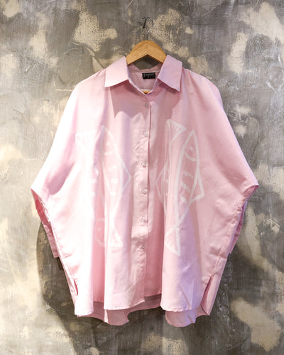 Oversized Shirt in Pink with White Fish Print