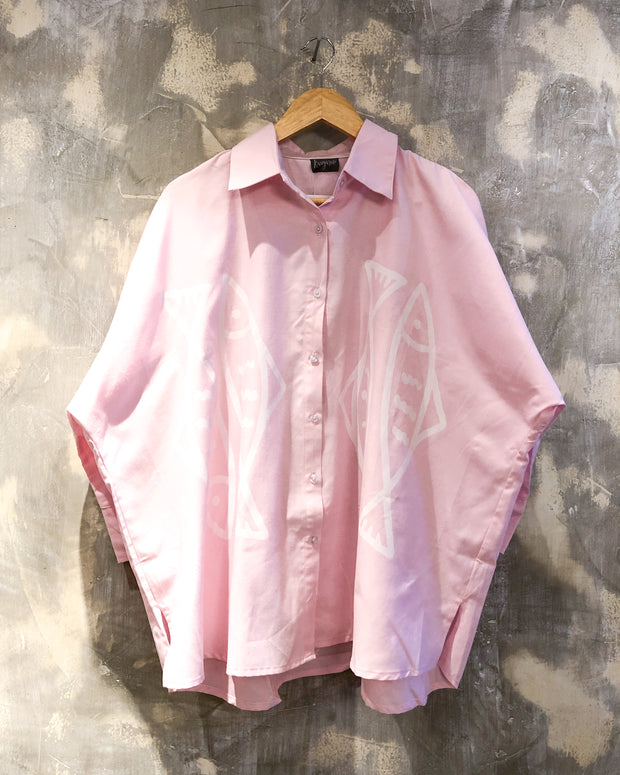 Oversized Shirt in Pink with White Fish Print