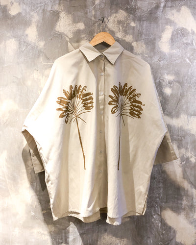 Oversized Shirt in Beige with Brown Palm Tree Print