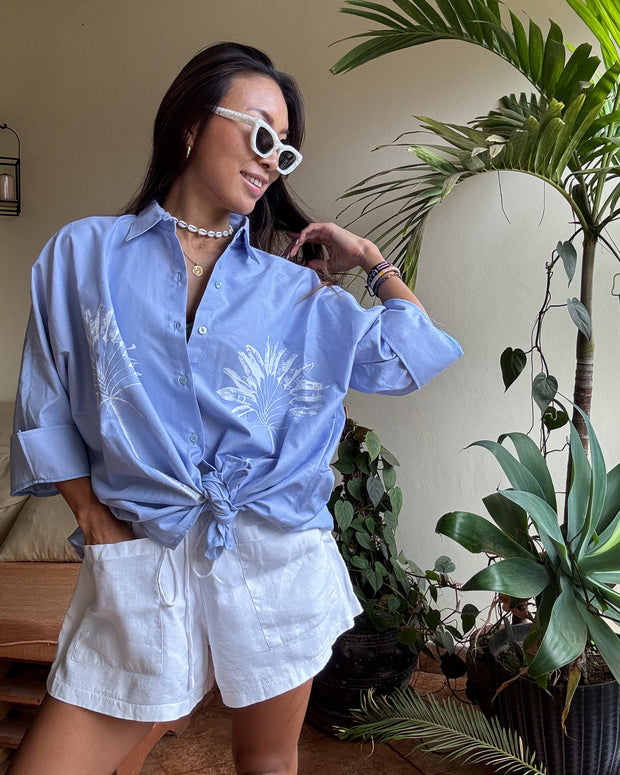 Oversized Shirt in Blue with Palm Tree Print