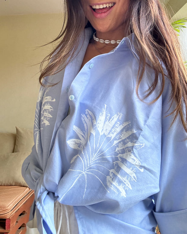 Oversized Shirt in Blue with Palm Tree Print