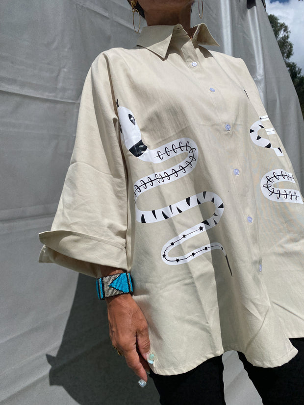 Oversized Shirt in Beige with Snake Print