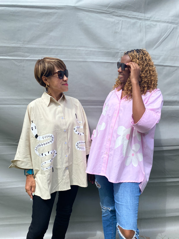 Oversized Shirt in Beige with Snake Print