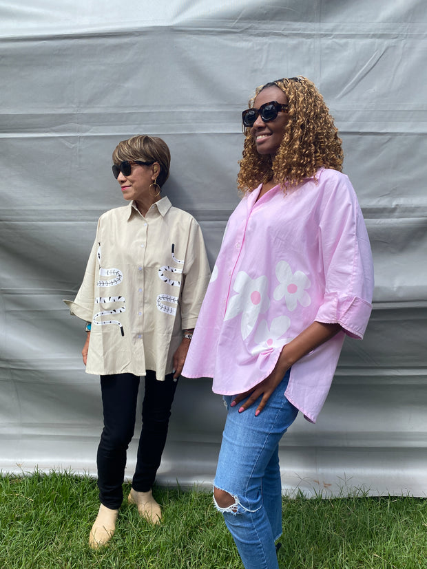 Oversized Shirt in Pink with Double Flower Print