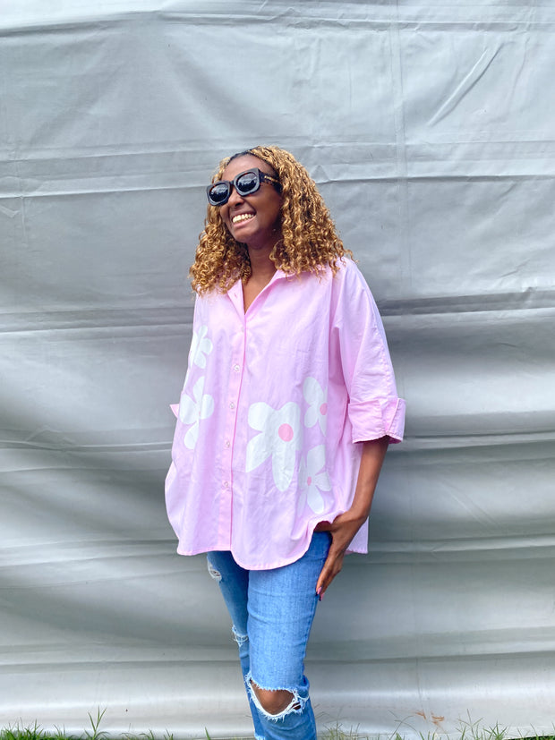 Oversized Shirt in Pink with Double Flower Print