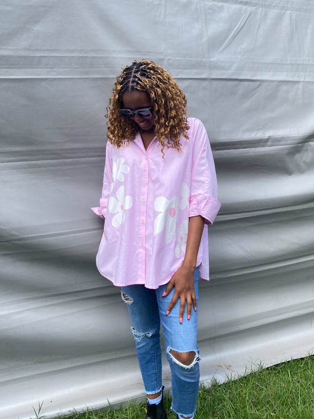 Oversized Shirt in Pink with Double Flower Print