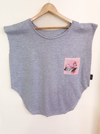 Womens Grey T with Floral Flamingo Pocket