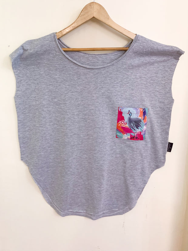 Womens Grey T with Optimistic Guinea Fowl Pocket
