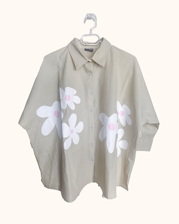 Oversized Shirt in Beige with Double Flower Print