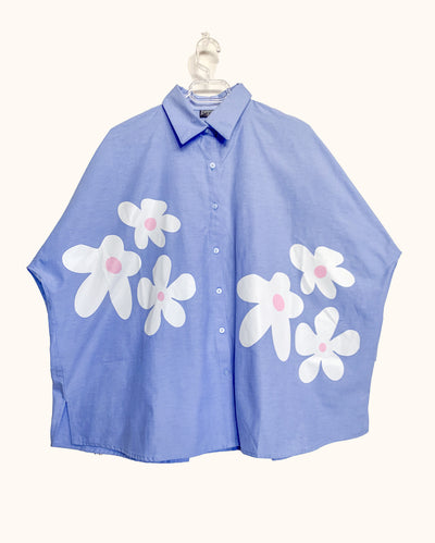 Oversized Shirt in Blue with Double Flower Print