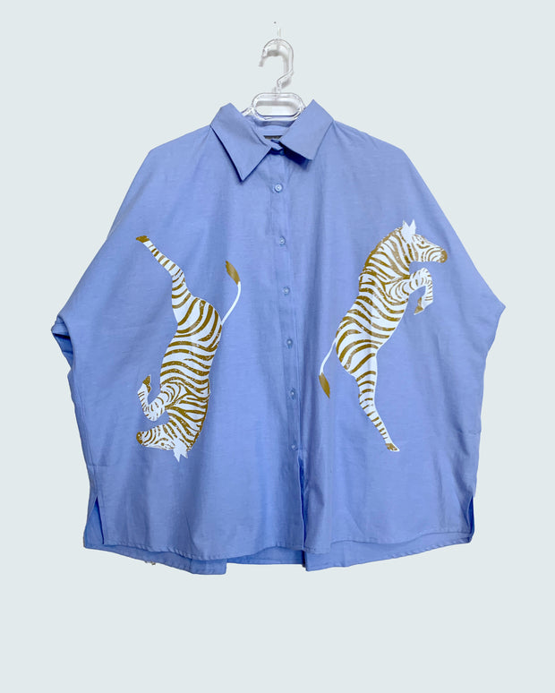 Oversized Shirt in Blue with Zebra Print