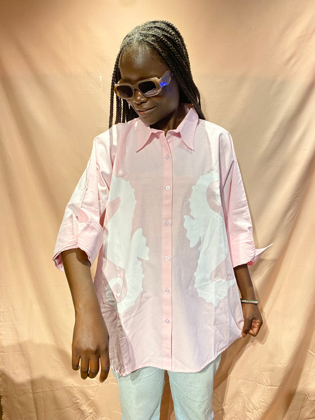 Oversized Shirt in Pink with White Sea Horse Print
