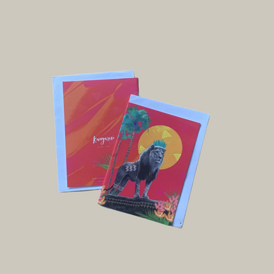 Two colorful greeting cards with animal illustrations on a beige background