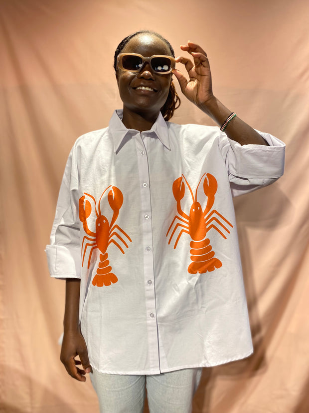 Oversized Shirt in White with Amber Lobster Print