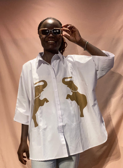 Oversized Shirt in White with Brown Elephant Print