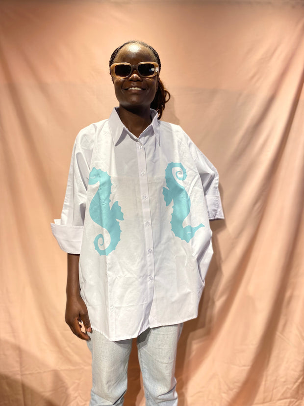 Oversized Shirt in White with Teal Sea Horse Print