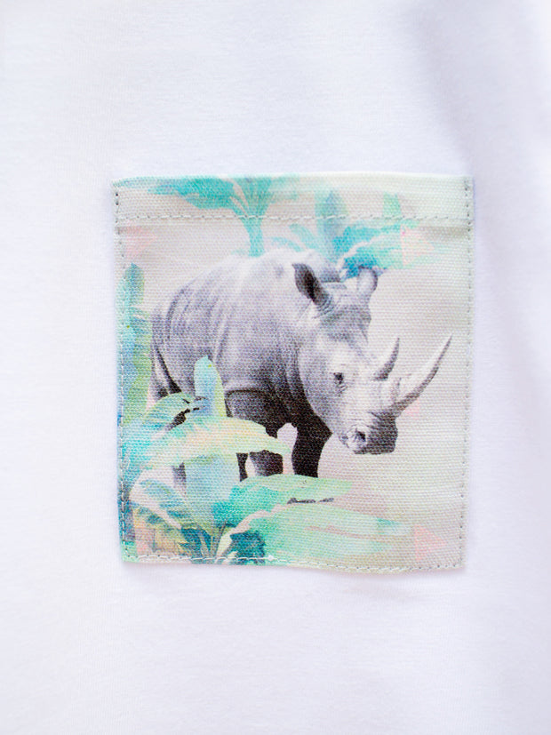 Unisex White T with Holiday Rhino Pocket